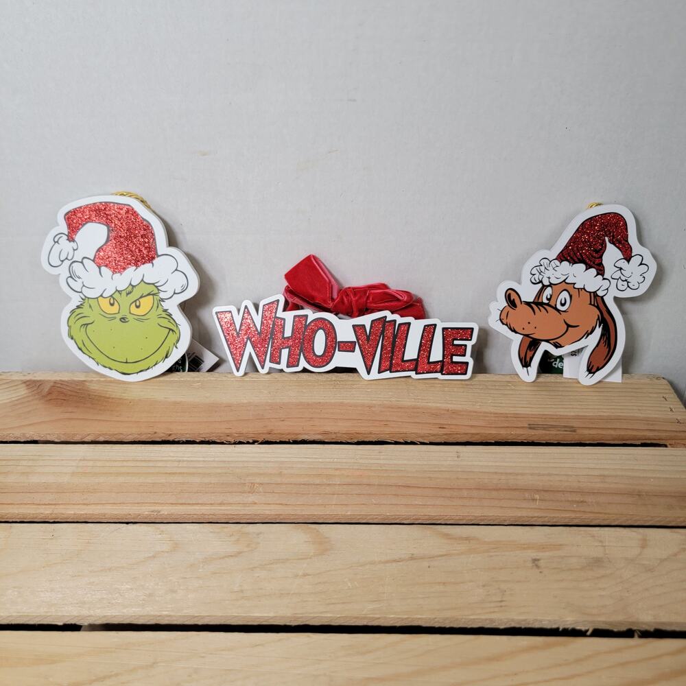 Set of 3 Dr. Seuss Red Glitter Wooden Signs: Who-ville, Grinch and Dog - NEW